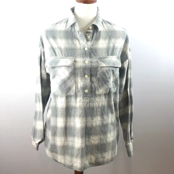 Old Navy Women's Gray & Ivory Flannel Button Down Oversized Boyfriend Shirt S/P - Picture 1 of 15